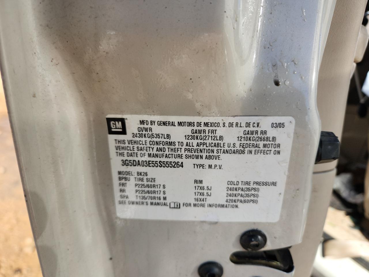 2005 Buick Rendezvous Cx VIN: 3G5DA03E55S555264 Lot: 89680275