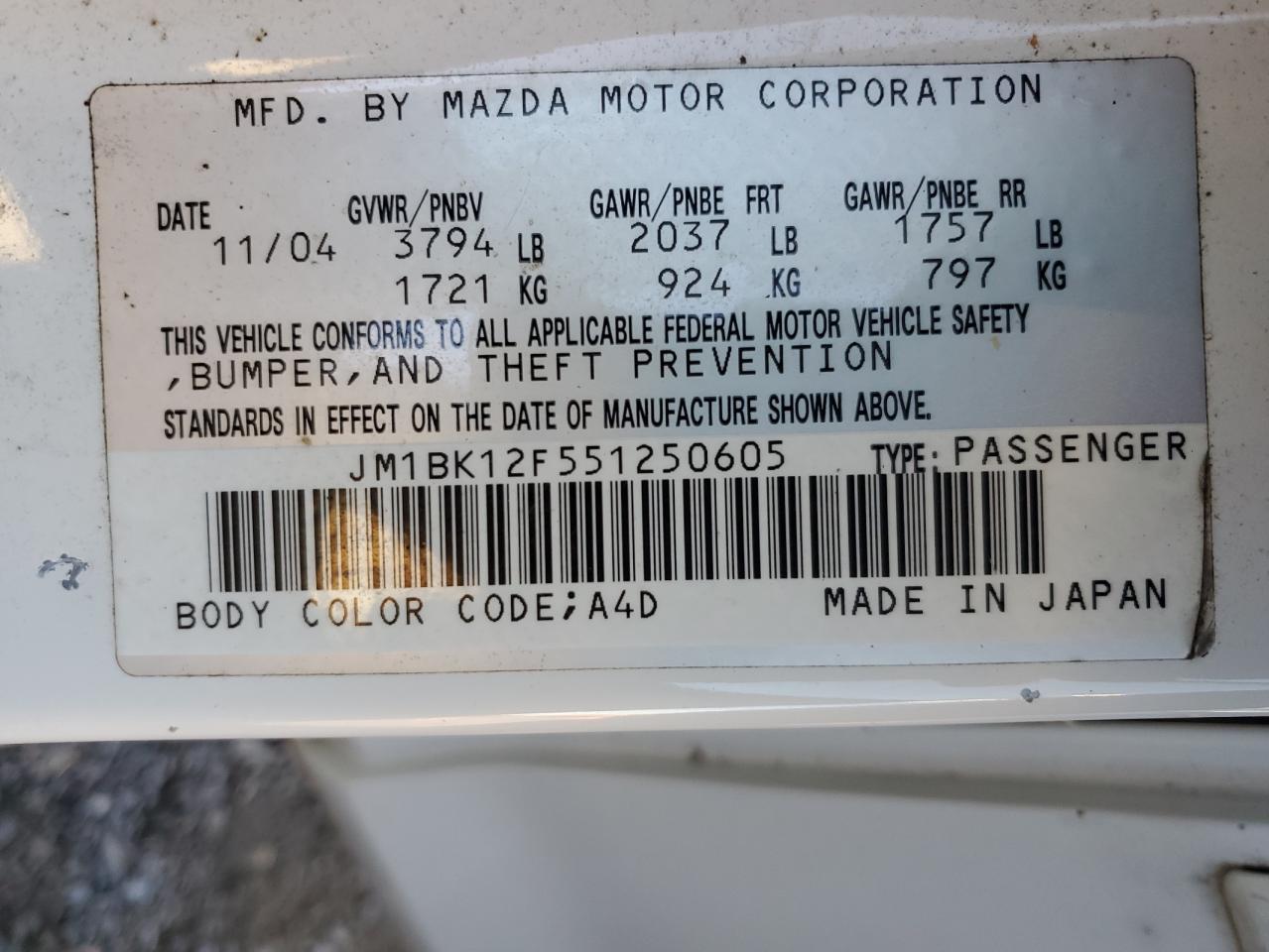 2005 Mazda 3 I VIN: JM1BK12F551250605 Lot: 82259435