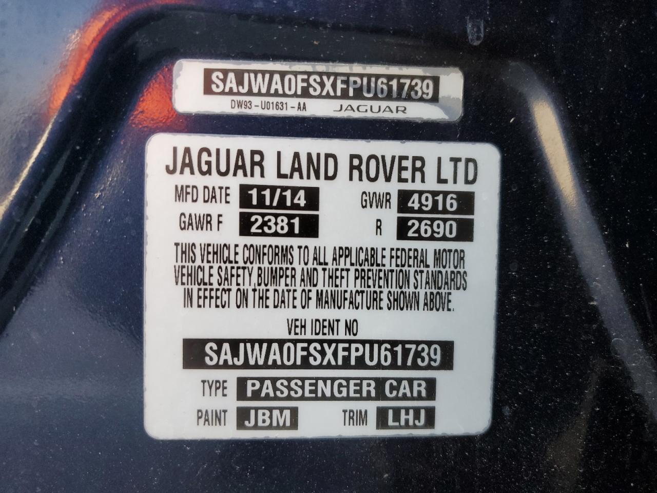 2015 Jaguar Xf 2.0T Premium VIN: SAJWA0FSXFPU61739 Lot: 89922155