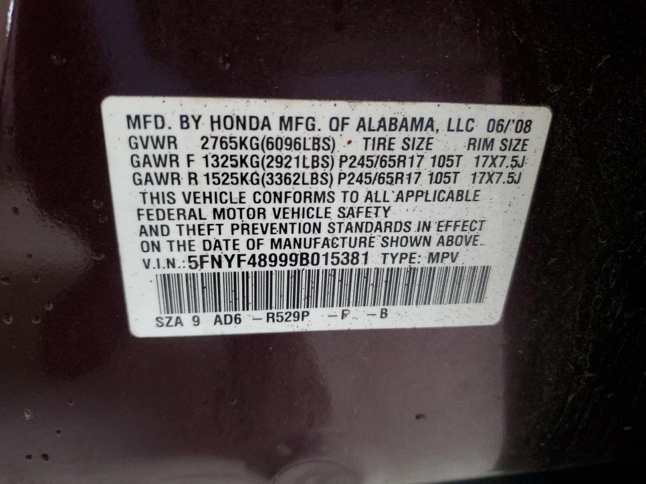 2009 Honda Pilot Touring VIN: 5FNYF48999B015381 Lot: 85514635