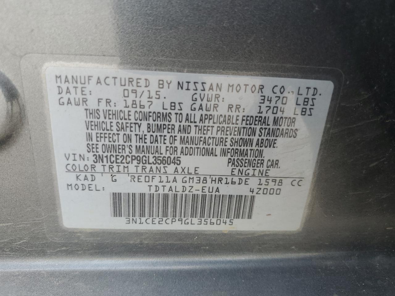 2016 Nissan Versa Note S VIN: 3N1CE2CP9GL356045 Lot: 82241035