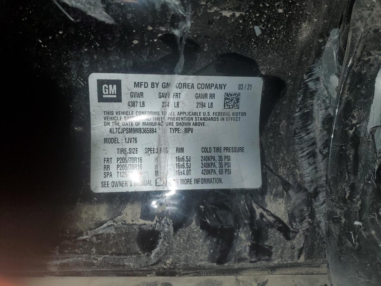 2021 Chevrolet Trax 1Lt VIN: KL7CJPSM9MB365884 Lot: 86989355