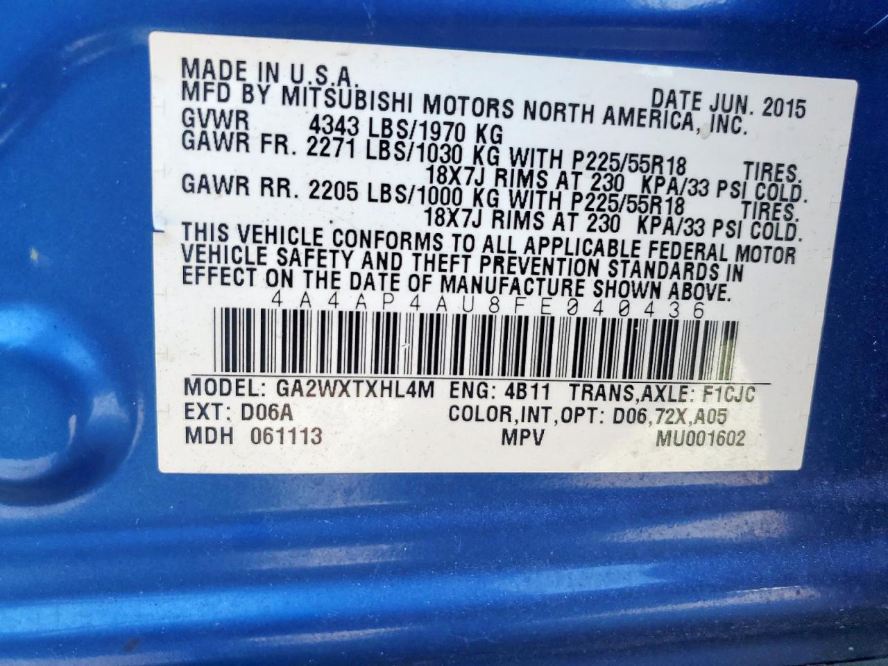 2015 Mitsubishi Outlander Sport Se VIN: 4A4AP4AU8FE040436 Lot: 86329915