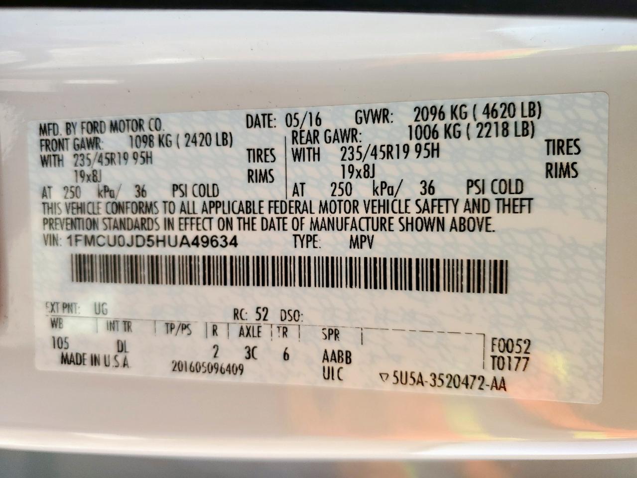 2017 Ford Escape Titanium VIN: 1FMCU0JD5HUA49634 Lot: 82406345