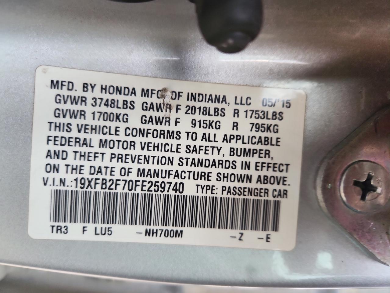 2015 Honda Civic Se VIN: 19XFB2F70FE259740 Lot: 85181215