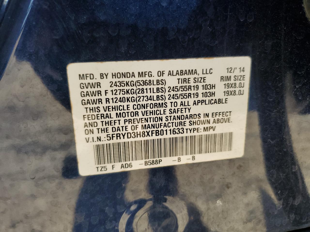 2015 Acura Mdx Advance VIN: 5FRYD3H8XFB011633 Lot: 82500145