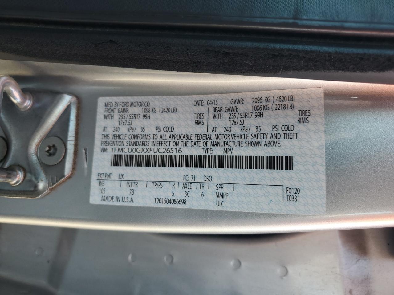 2015 Ford Escape Se VIN: 1FMCU0GXXFUC26516 Lot: 82266265