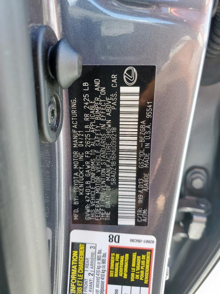 2021 Lexus Es 350 Base VIN: 58ADZ1B16MU099218 Lot: 82357175