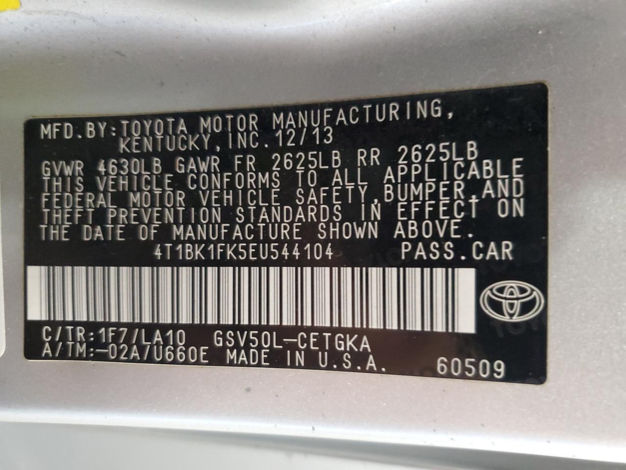 2014 Toyota Camry Se VIN: 4T1BK1FK5EU544104 Lot: 84628895