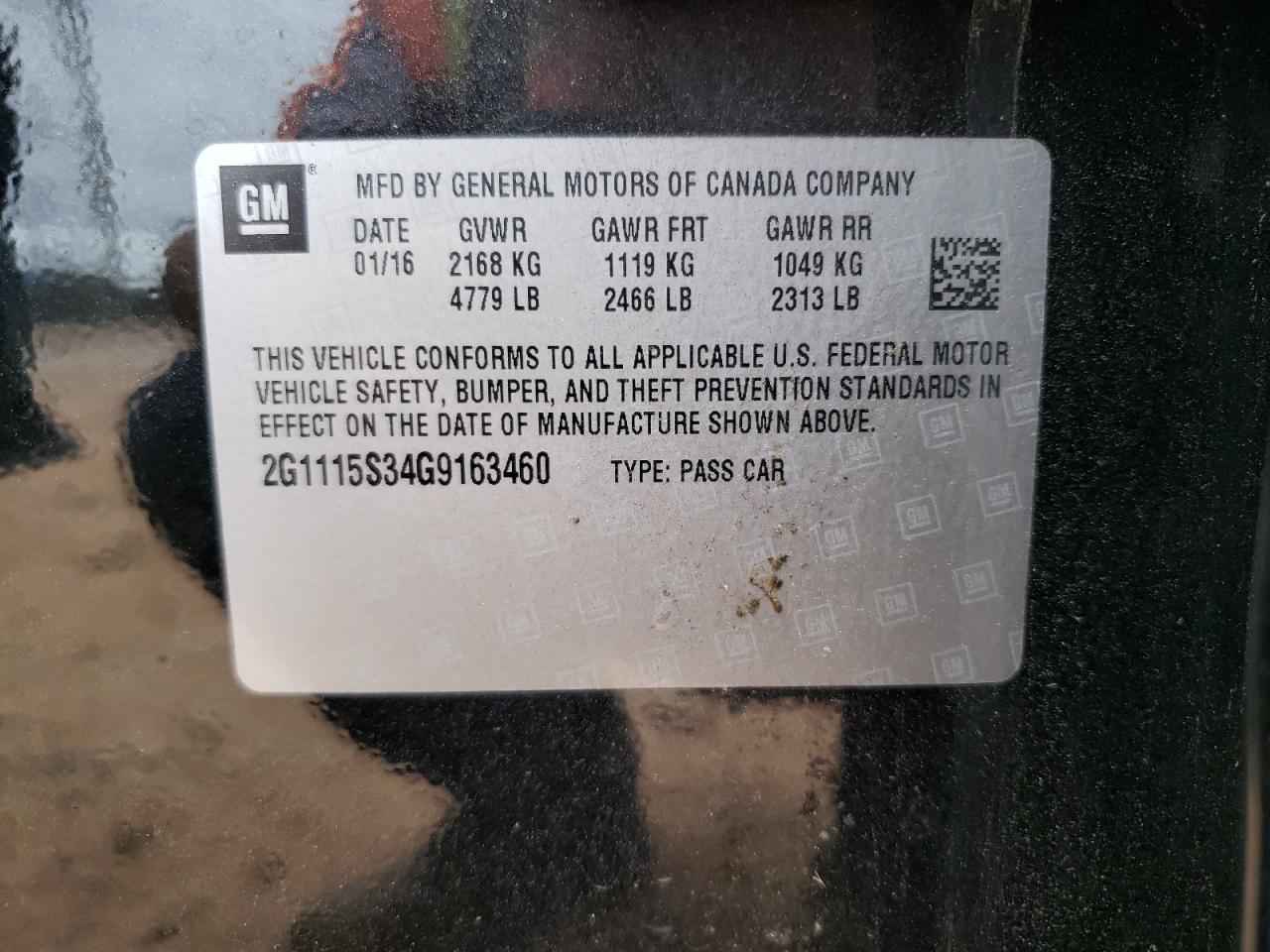 2016 Chevrolet Impala Lt VIN: 2G1115S34G9163460 Lot: 81956725