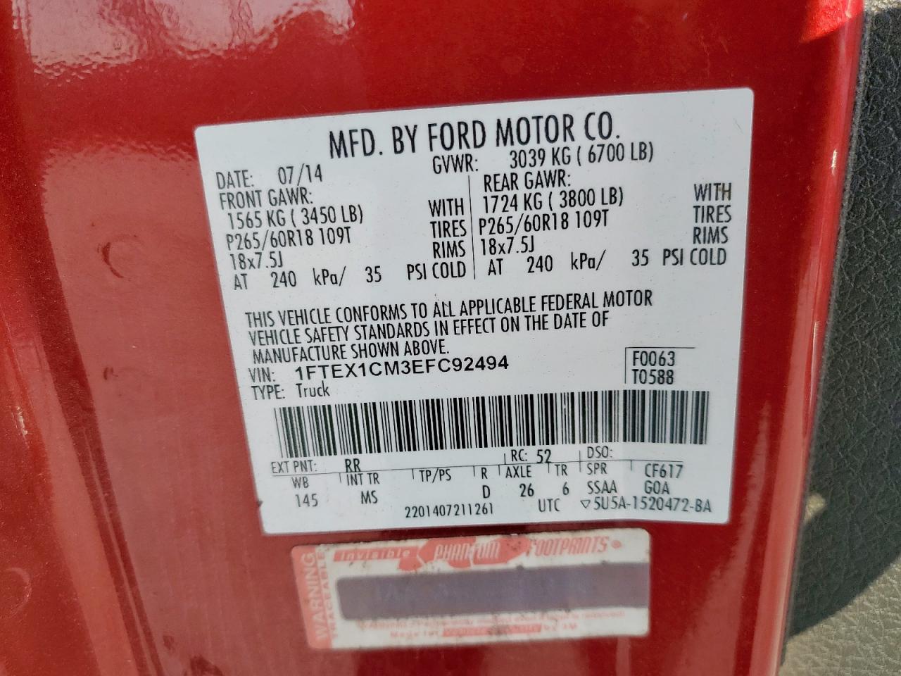 2014 Ford F150 Super Cab VIN: 1FTEX1CM3EFC92494 Lot: 85196785