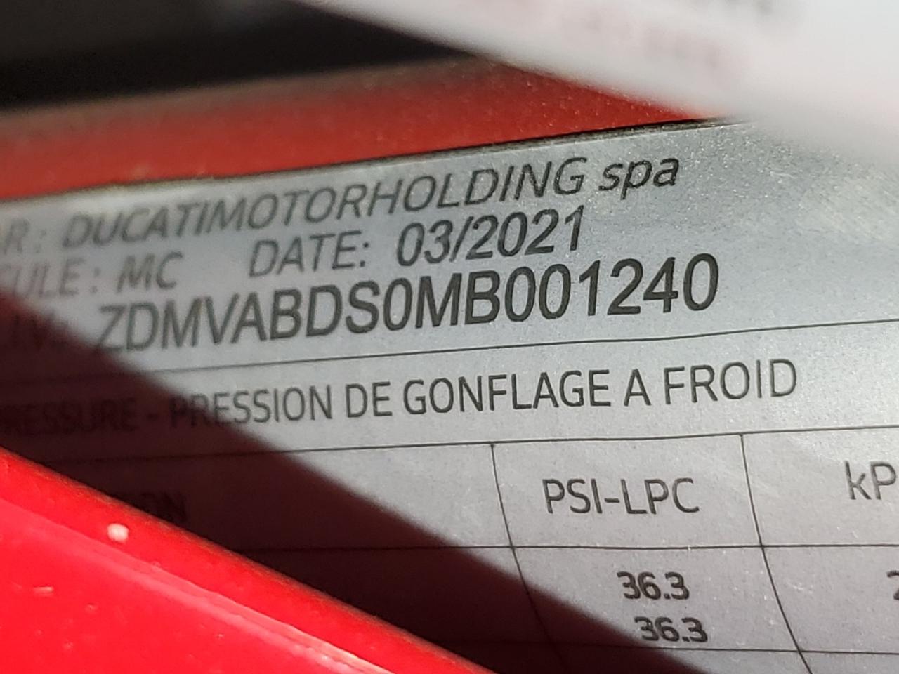 2021 Ducati Supersport VIN: ZDMVABDS0MB001240 Lot: 84804485