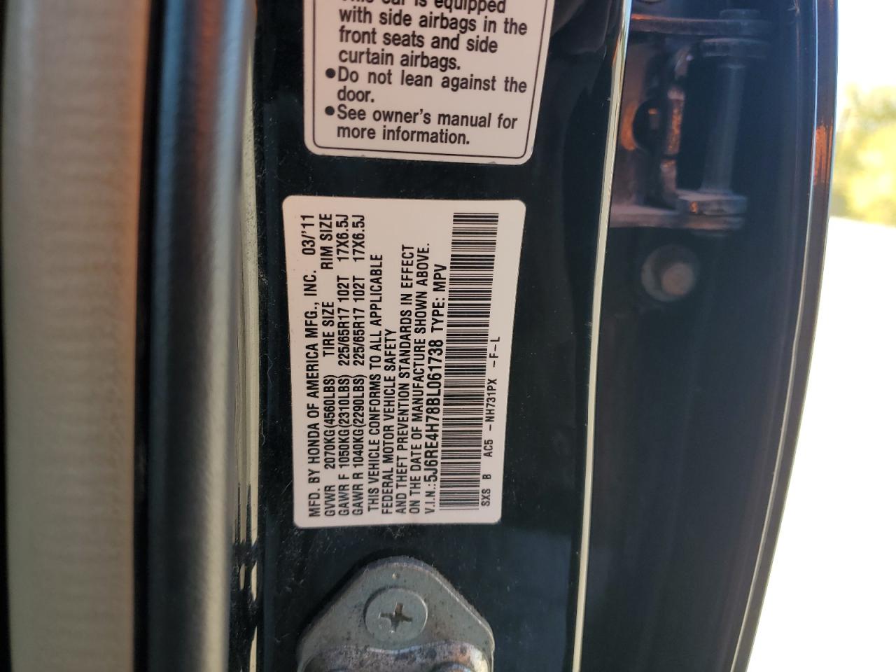 2011 Honda Cr-V Exl VIN: 5J6RE4H78BL061738 Lot: 87111635