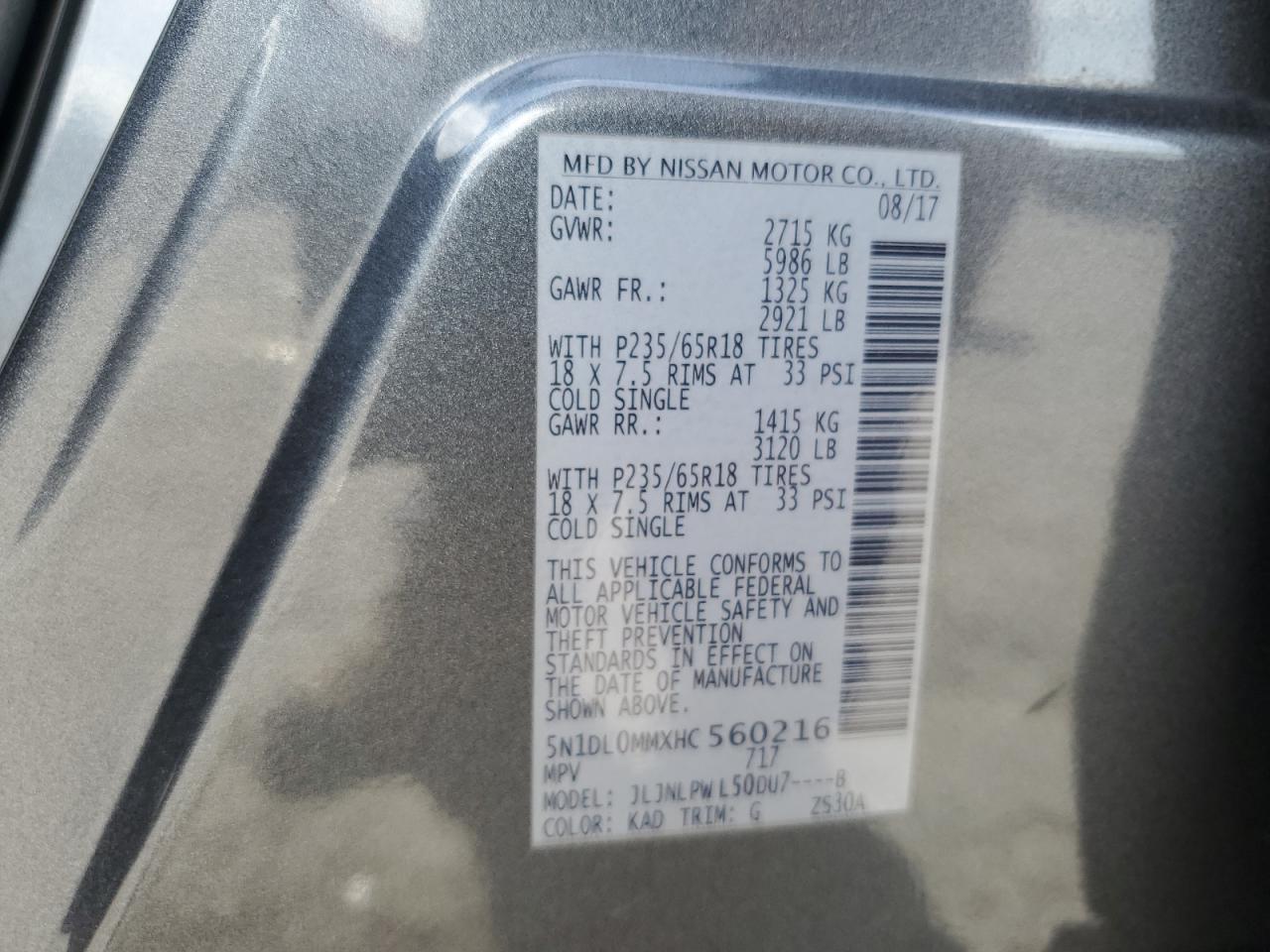 2017 Infiniti Qx60 VIN: 5N1DL0MMXHC560216 Lot: 82006755