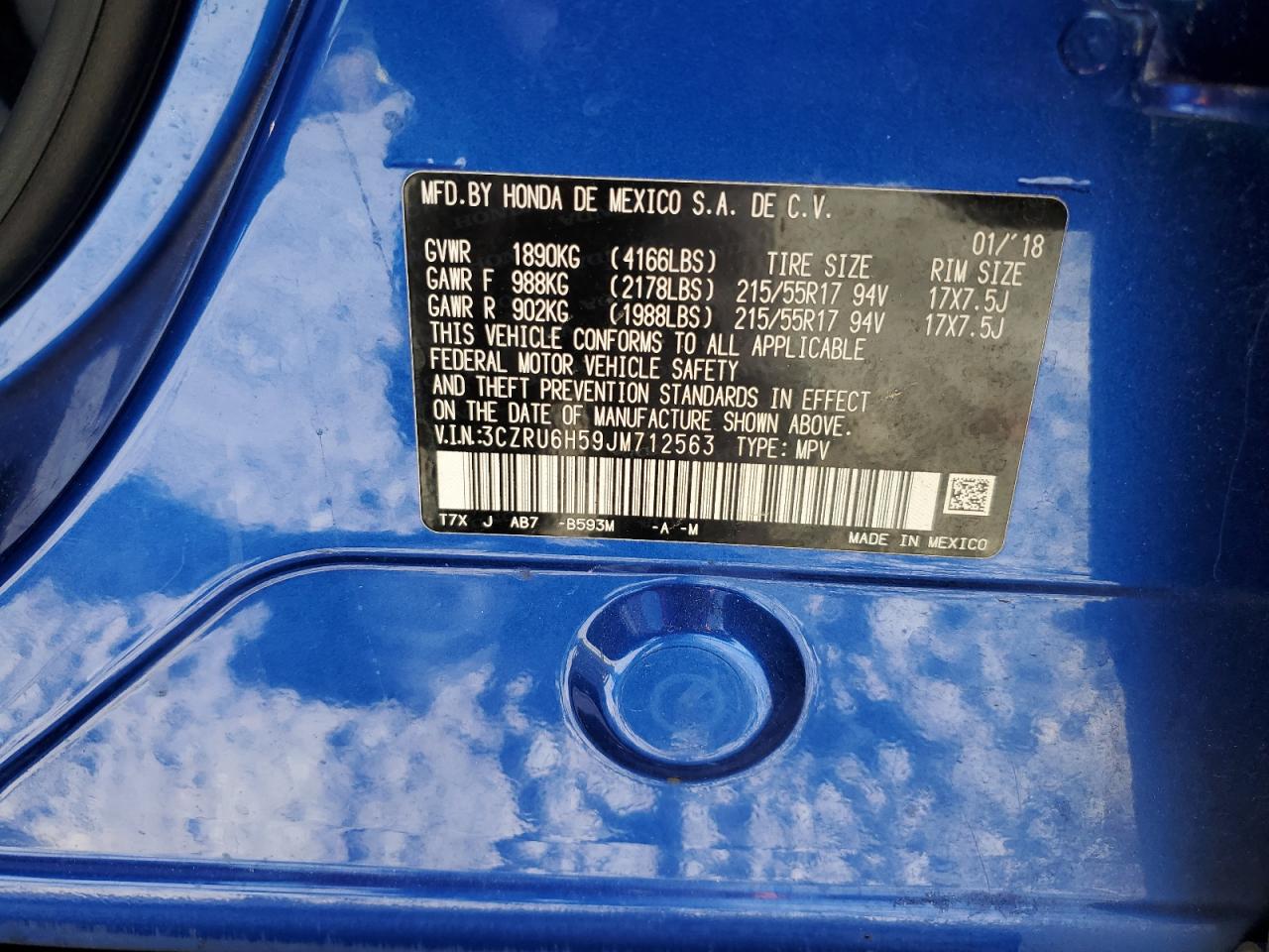 2018 Honda Hr-V Ex VIN: 3CZRU6H59JM712563 Lot: 85672105