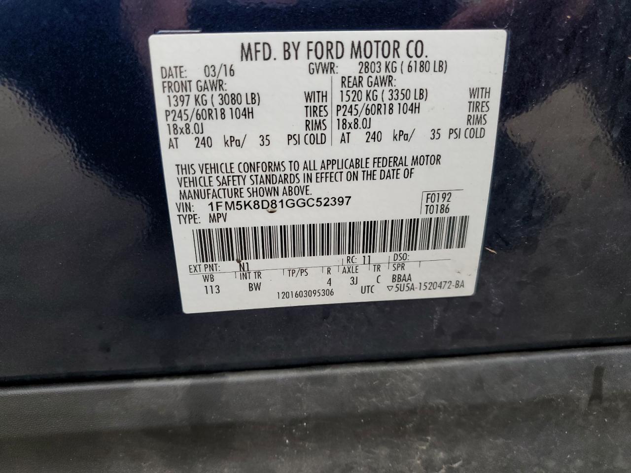2016 Ford Explorer Xlt VIN: 1FM5K8D81GGC52397 Lot: 90236225