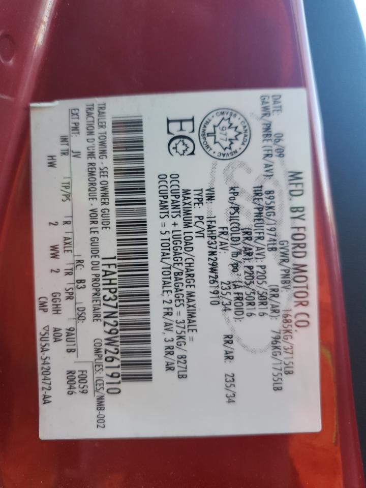 2009 Ford Focus Sel VIN: 1FAHP37N29W261910 Lot: 85137005