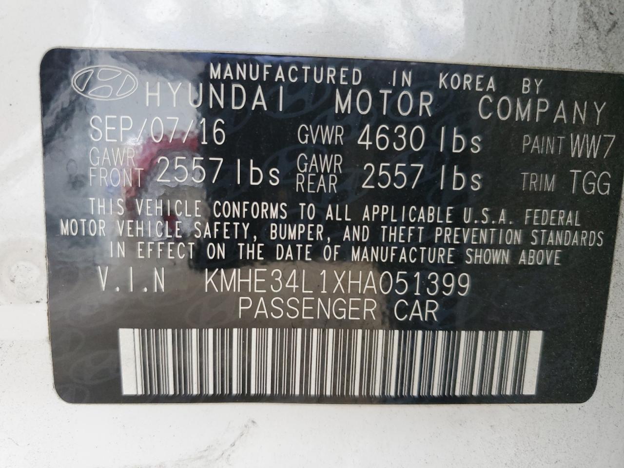 2017 Hyundai Sonata Hybrid VIN: KMHE34L1XHA051399 Lot: 85127675