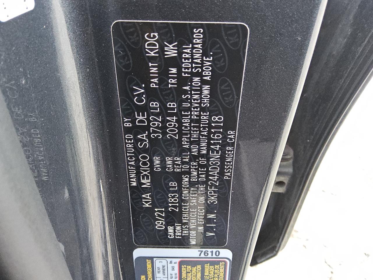 2022 Kia Forte Fe VIN: 3KPF24AD3NE416118 Lot: 86479375