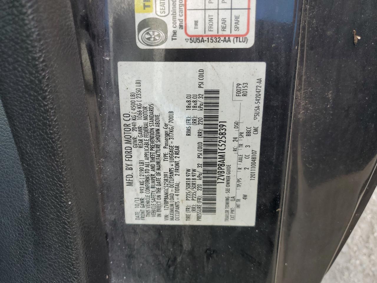 2012 Ford Mustang VIN: 1ZVBP8AM1C5258391 Lot: 82365145