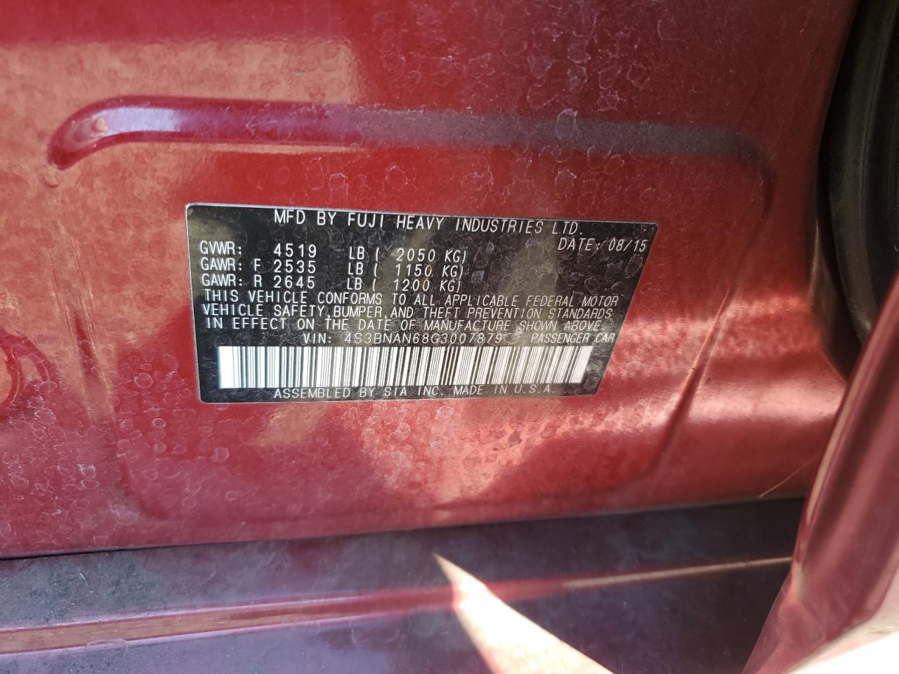 2016 Subaru Legacy 2.5I Limited VIN: 4S3BNAN68G3007879 Lot: 86405375