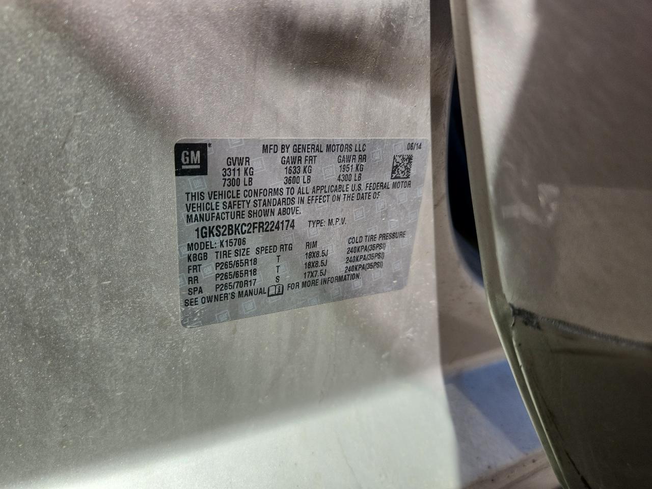 2015 GMC Yukon Slt VIN: 1GKS2BKC2FR224174 Lot: 84483575