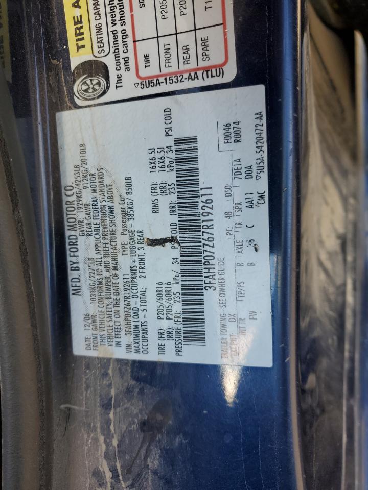 2007 Ford Fusion Se VIN: 3FAHP07Z67R192611 Lot: 82422955