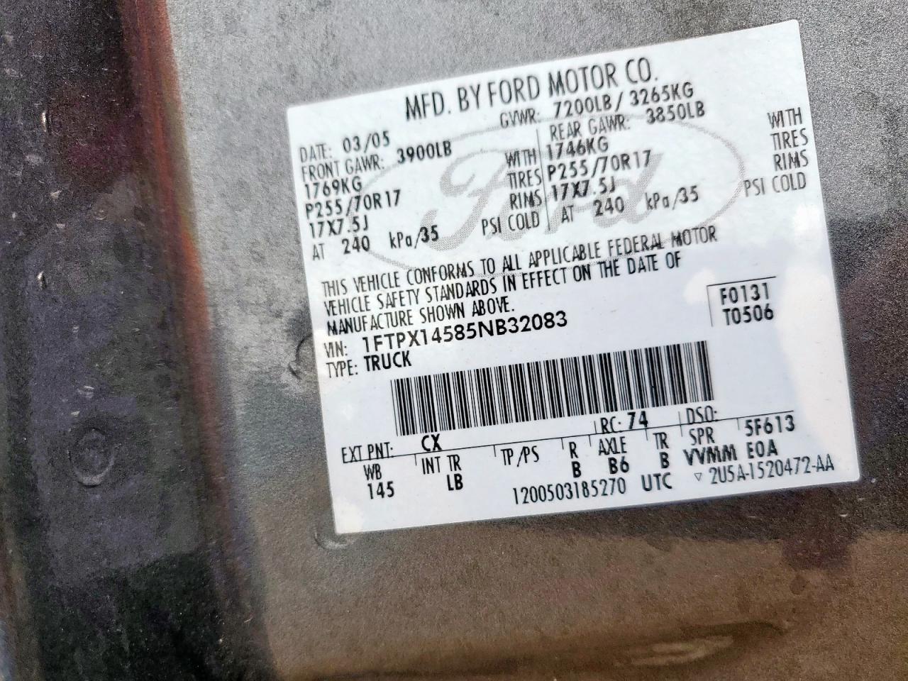 2005 Ford F150 4Wd VIN: 1FTPX14585NB32083 Lot: 82364215
