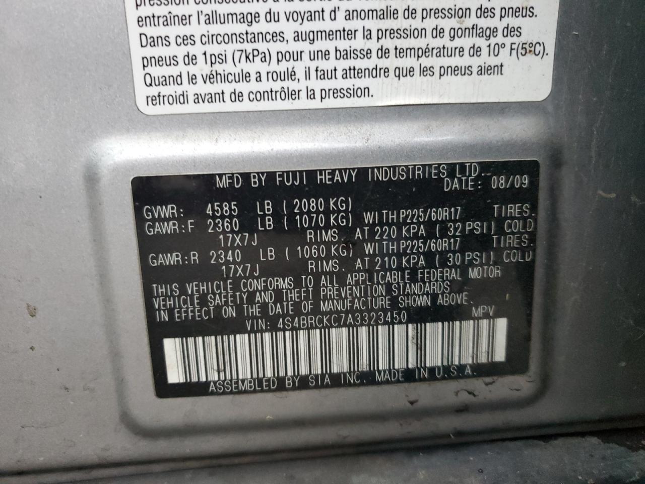 2010 Subaru Outback 2.5I Limited VIN: 4S4BRCKC7A3323450 Lot: 84069175