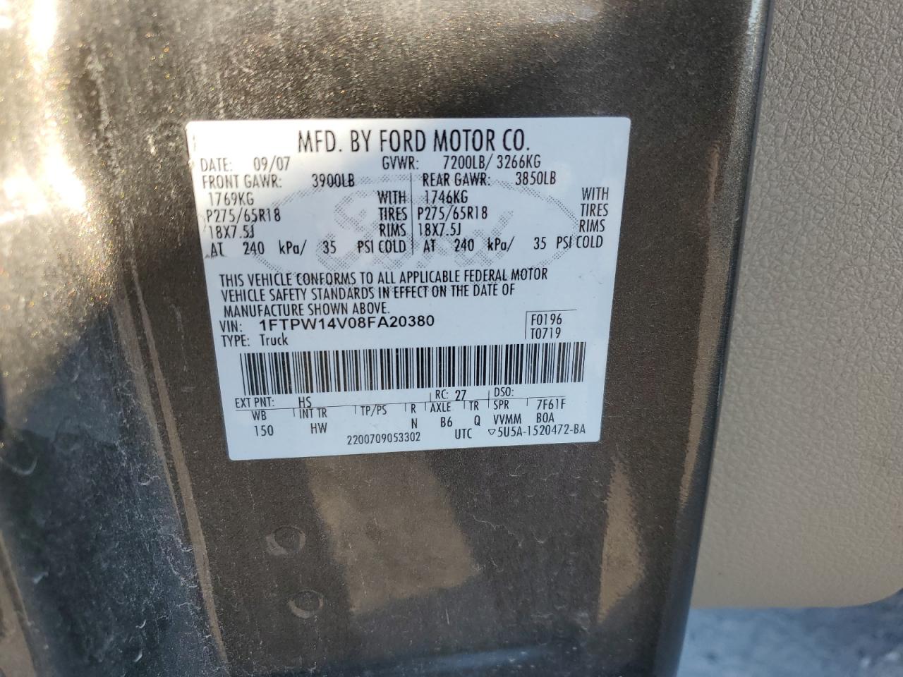 2008 Ford F150 Supercrew VIN: 1FTPW14V08FA20380 Lot: 81363245