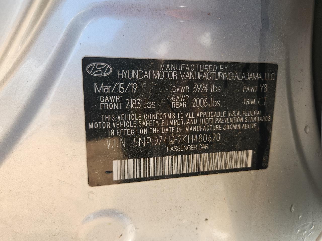 2019 Hyundai Elantra Se VIN: 5NPD74LF2KH480620 Lot: 86441355