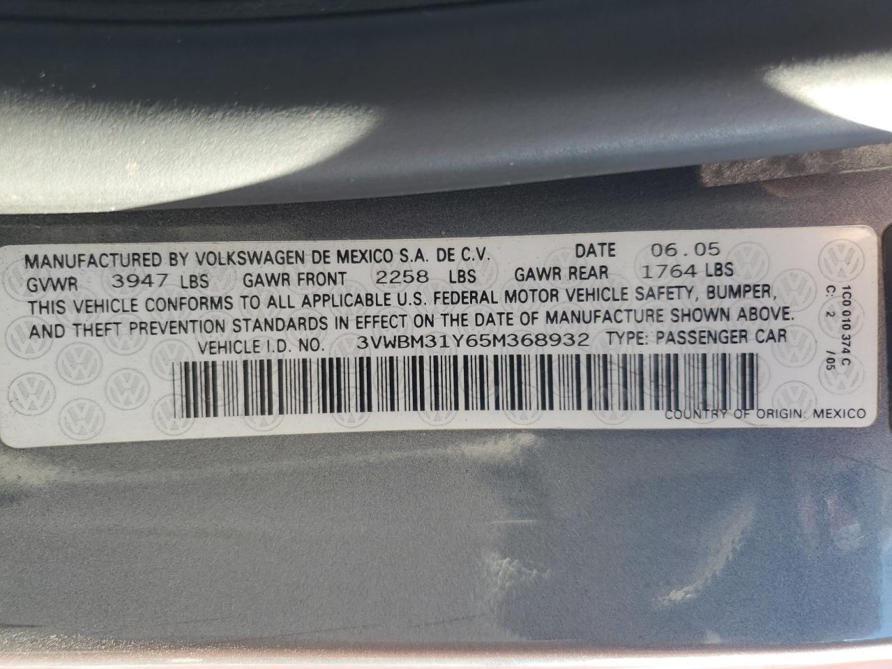 2005 Volkswagen New Beetle Gl VIN: 3VWBM31Y65M368932 Lot: 85523735