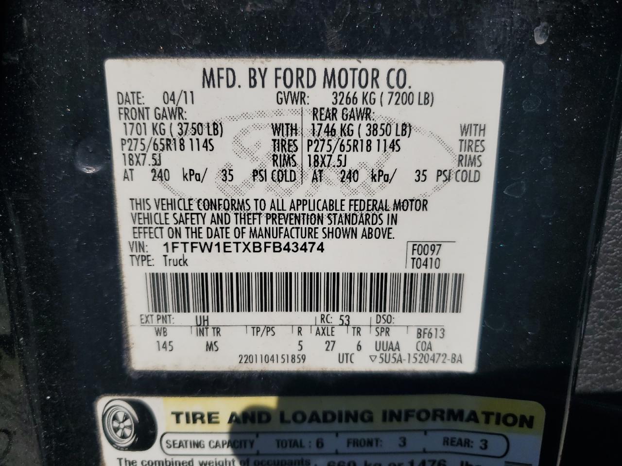 2011 Ford F150 Supercrew VIN: 1FTFW1ETXBFB43474 Lot: 82347225