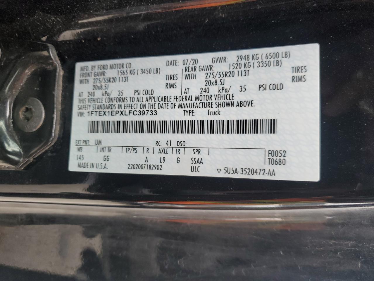 2020 Ford F150 Super Cab VIN: 1FTEX1EPXLFC39733 Lot: 87231055