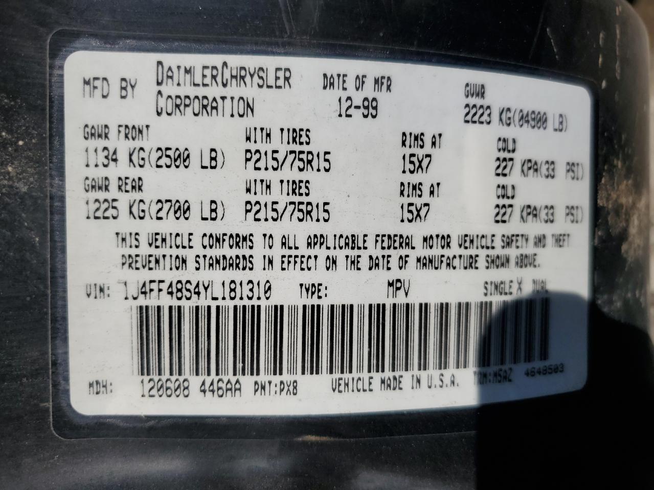 2000 Jeep Cherokee Sport VIN: 1J4FF48S4YL181310 Lot: 90406245