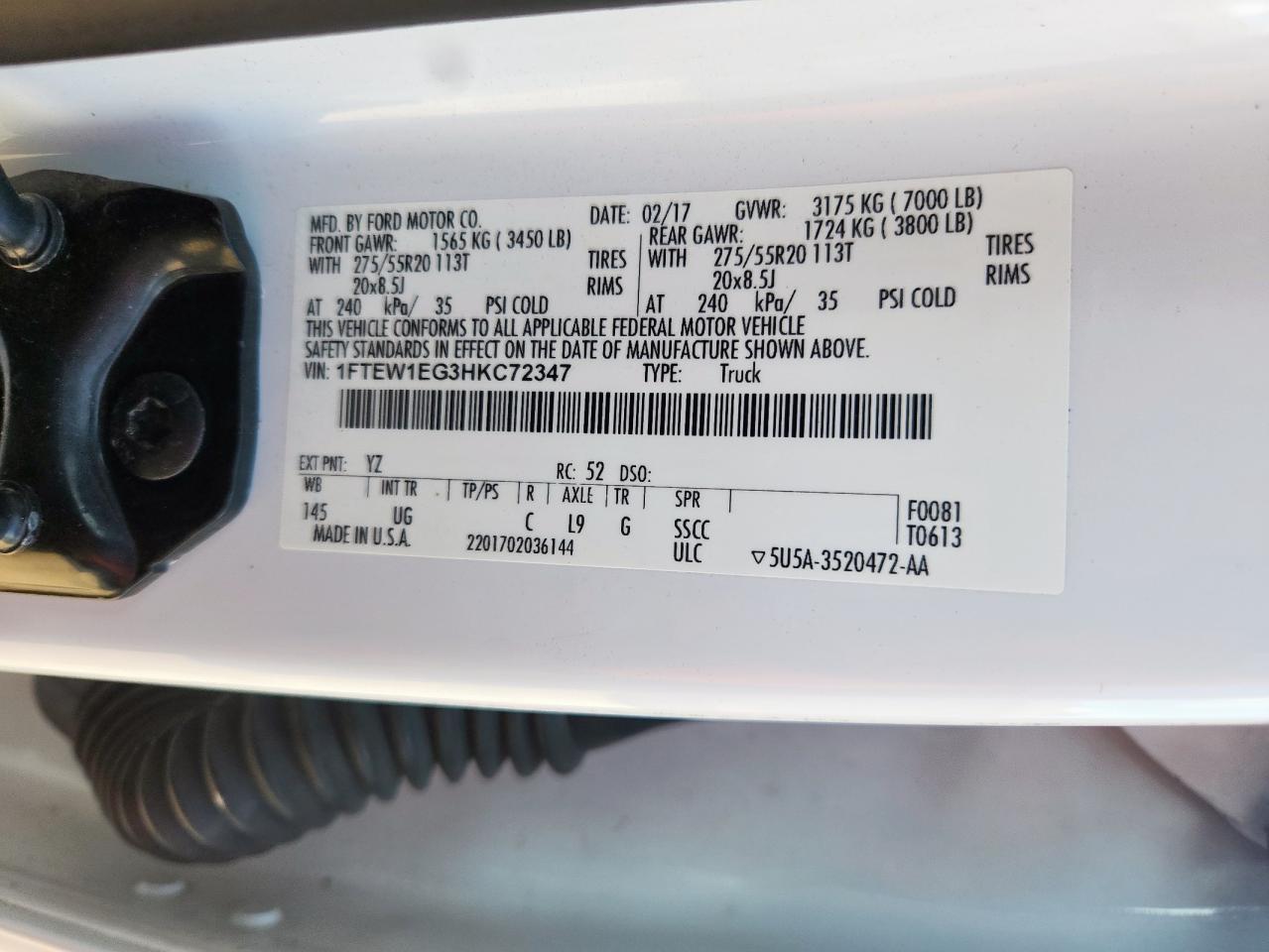 2017 Ford F150 Supercrew VIN: 1FTEW1EG3HKC72347 Lot: 84906515
