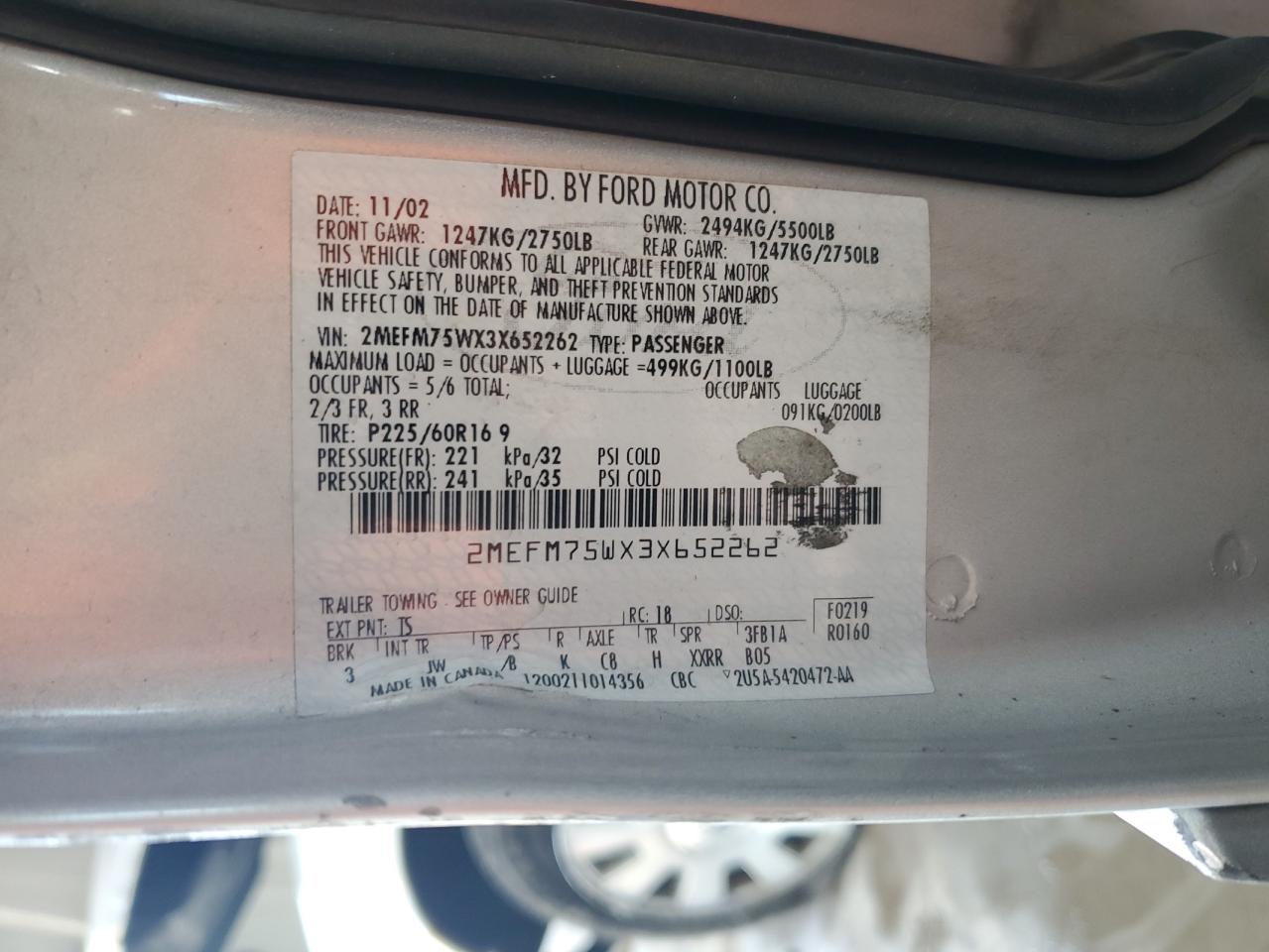 2003 Mercury Grand Marquis Ls VIN: 2MEFM75WX3X652262 Lot: 84069605