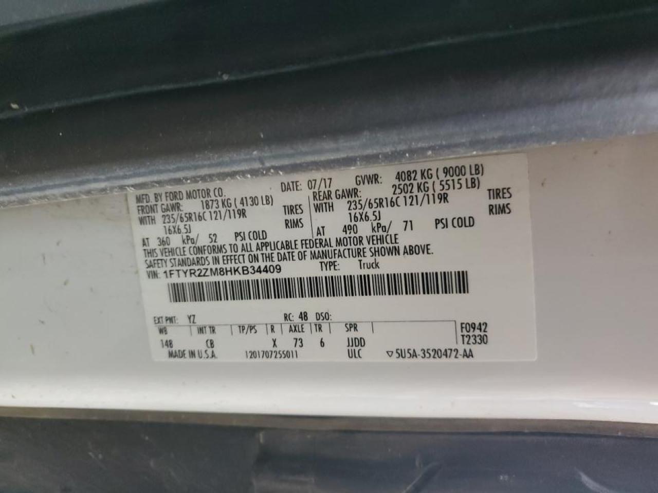 2017 Ford Transit Delivery Van VIN: 1FTYR2ZM8HKB34409 Lot: 83770685