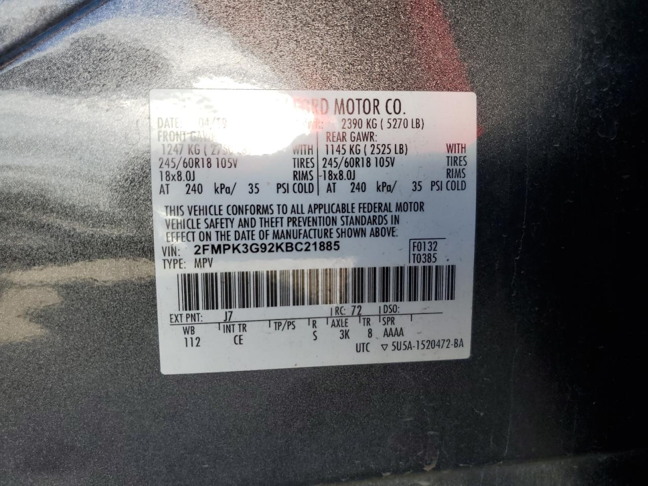 2019 Ford Edge Se VIN: 2FMPK3G92KBC21885 Lot: 85952515