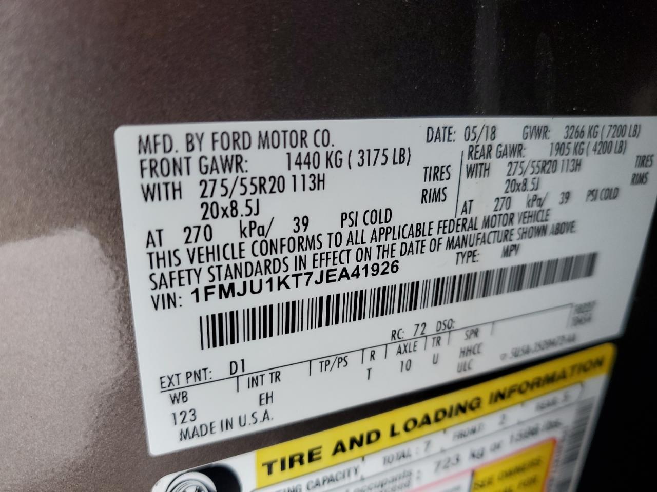 2018 Ford Expedition Limited VIN: 1FMJU1KT7JEA41926 Lot: 84917005