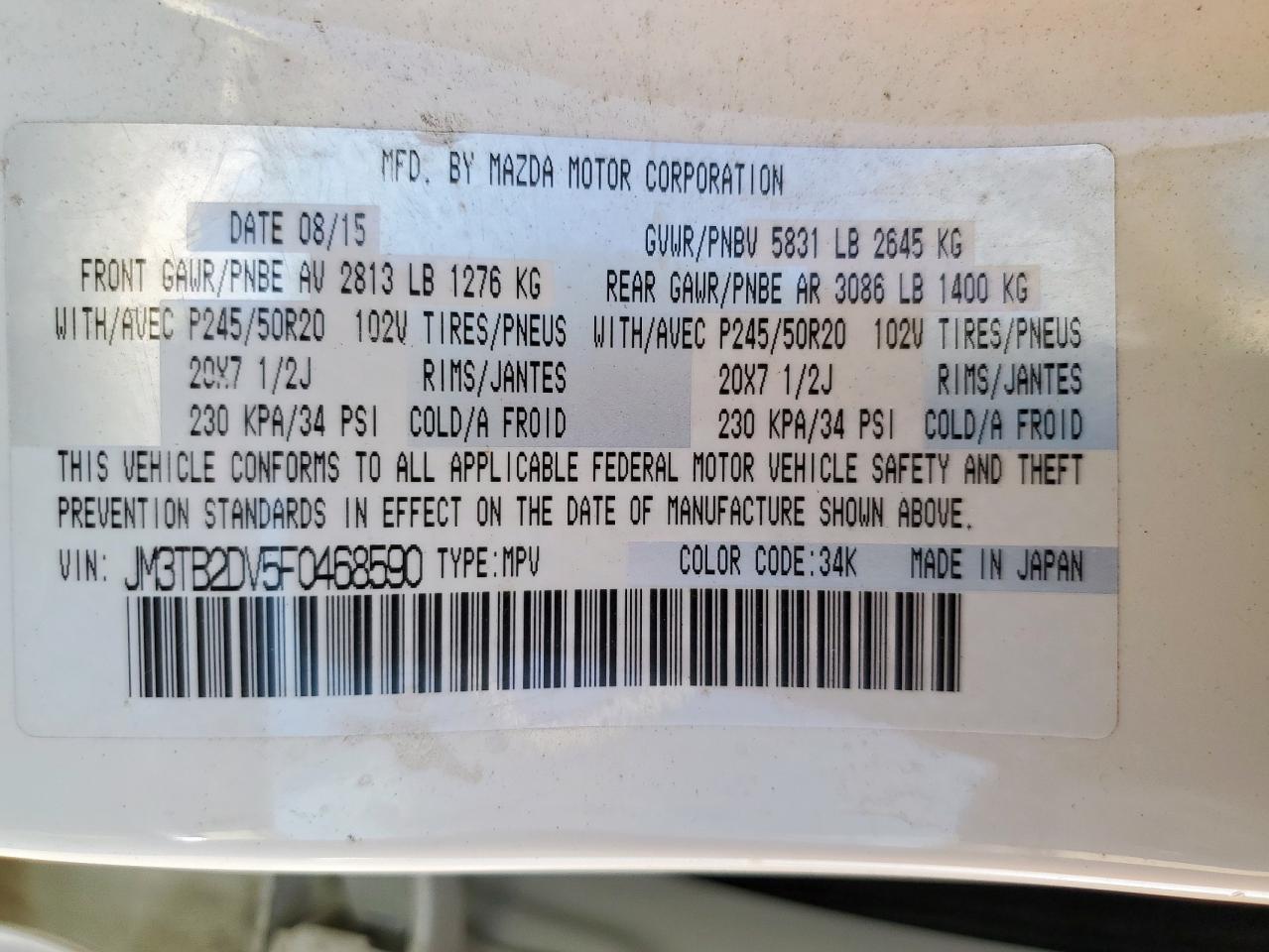 2015 Mazda Cx-9 Grand Touring VIN: JM3TB2DV5F0468590 Lot: 81995355