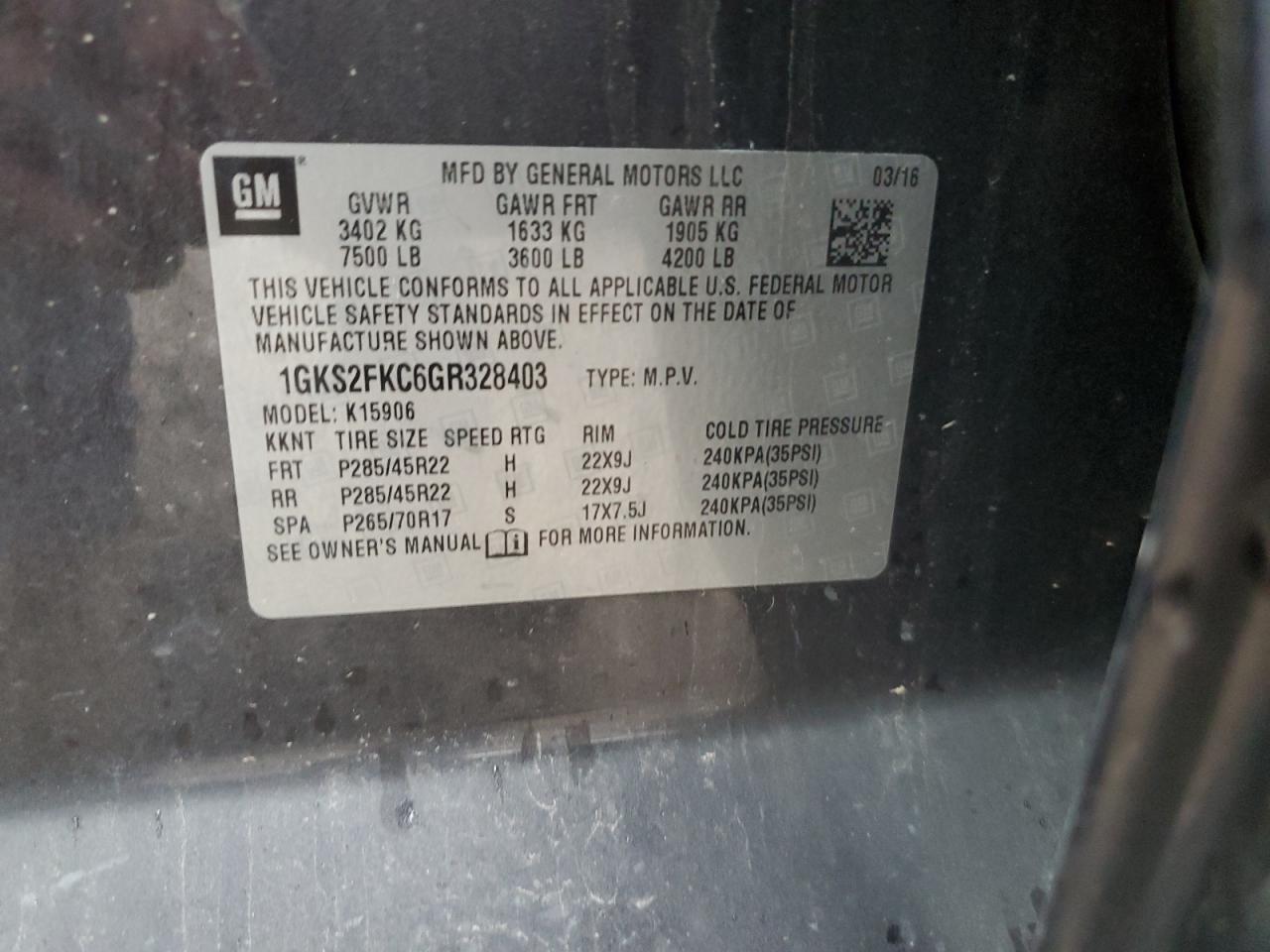 2016 GMC Yukon Xl K1500 Sle VIN: 1GKS2FKC6GR328403 Lot: 82312675