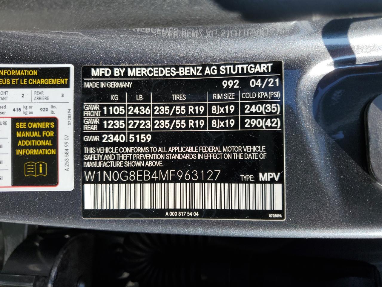 2021 Mercedes-Benz Glc 300 4Matic VIN: W1N0G8EB4MF963127 Lot: 82786085