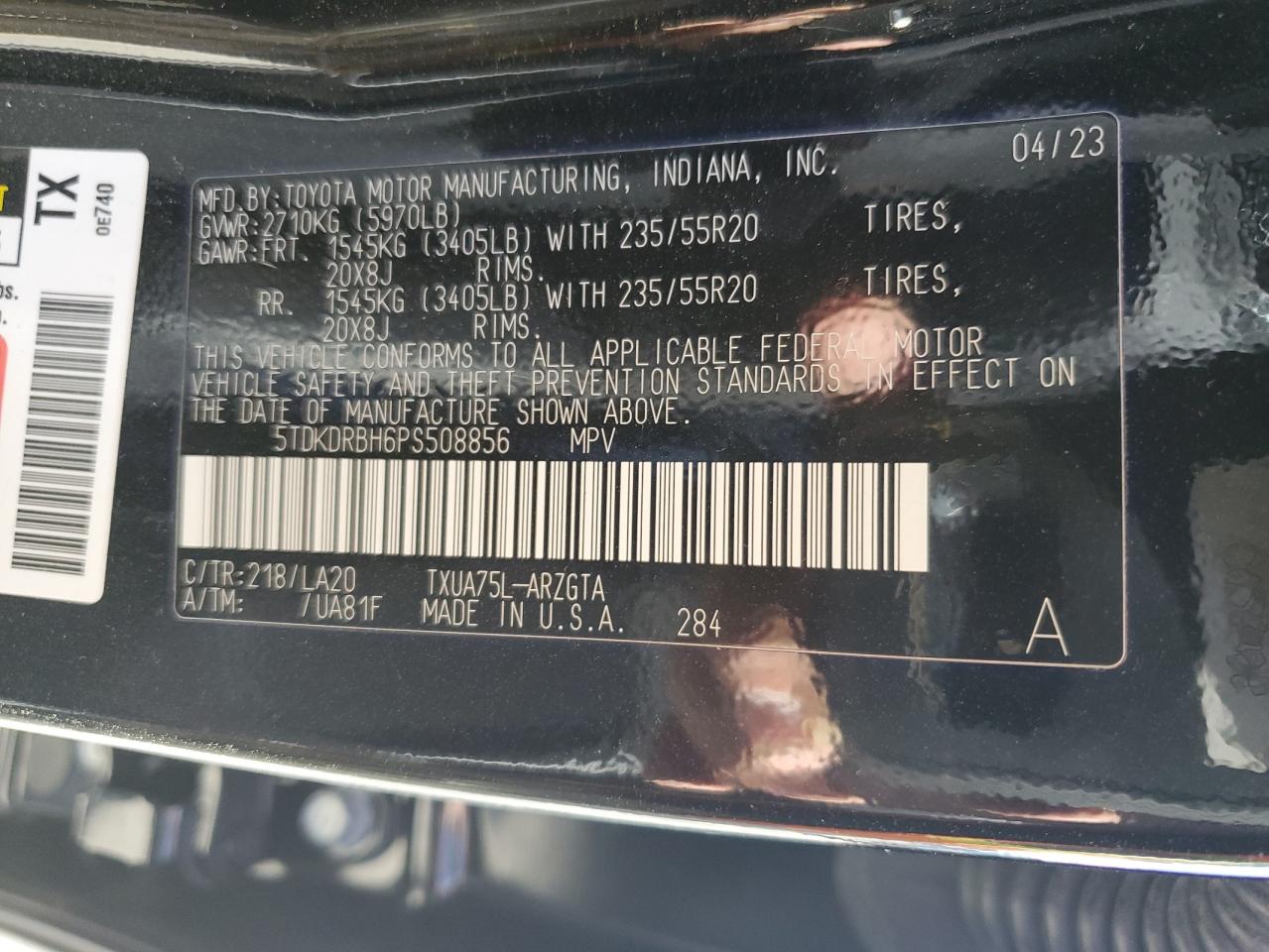2023 Toyota Highlander L VIN: 5TDKDRBH6PS508856 Lot: 85666535