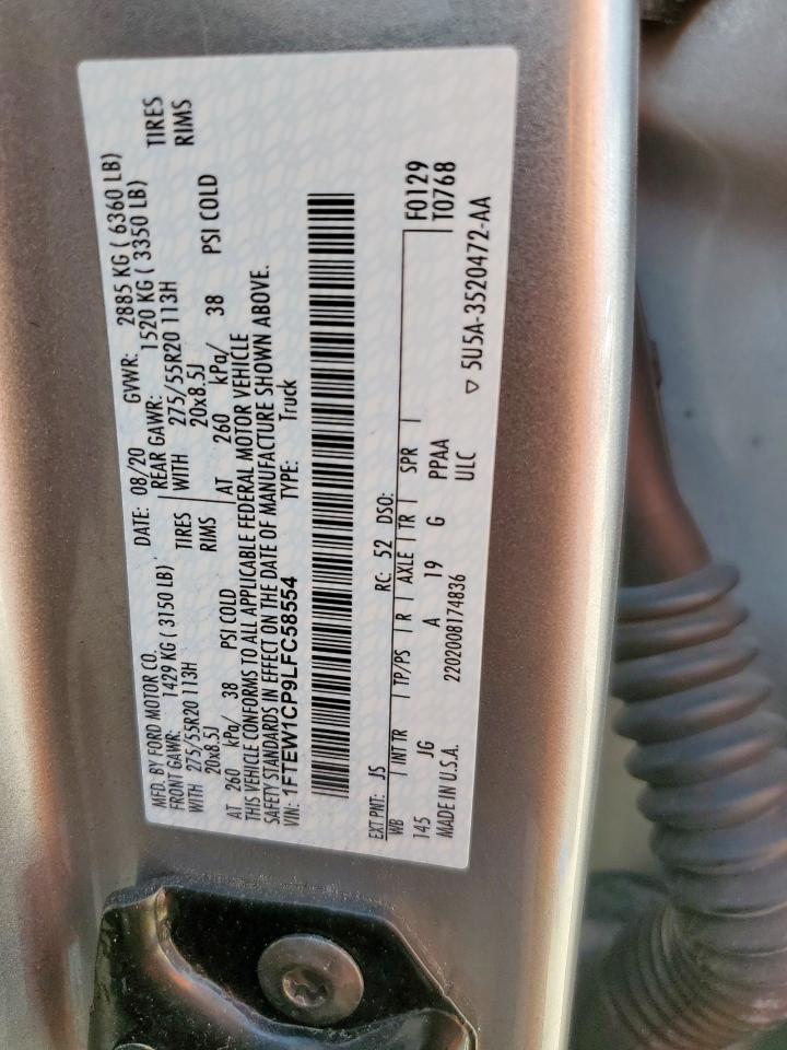 2020 Ford F150 Supercrew VIN: 1FTEW1CP9LFC58554 Lot: 86252925