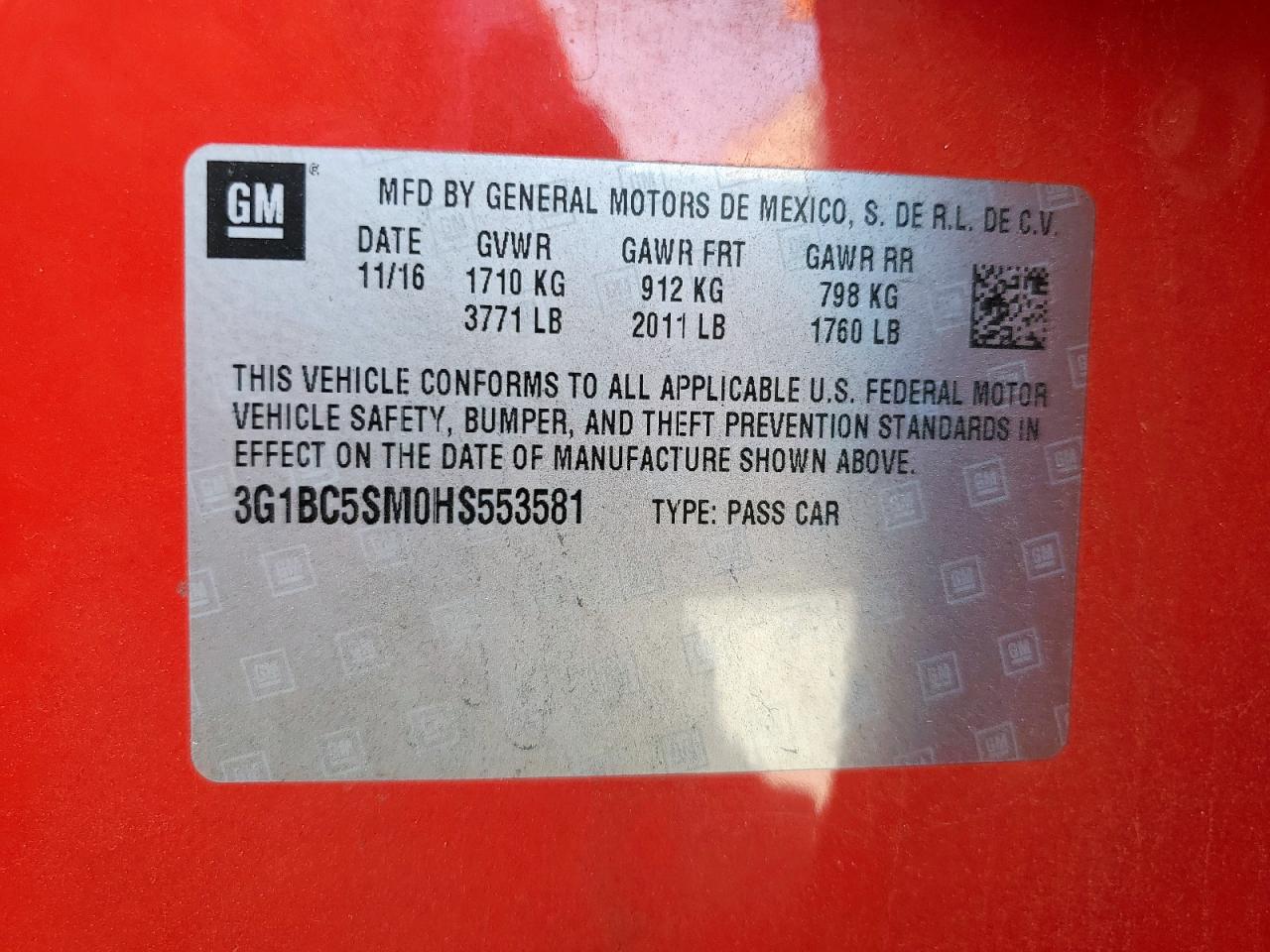 2017 Chevrolet Cruze Ls VIN: 3G1BC5SM0HS553581 Lot: 84737125