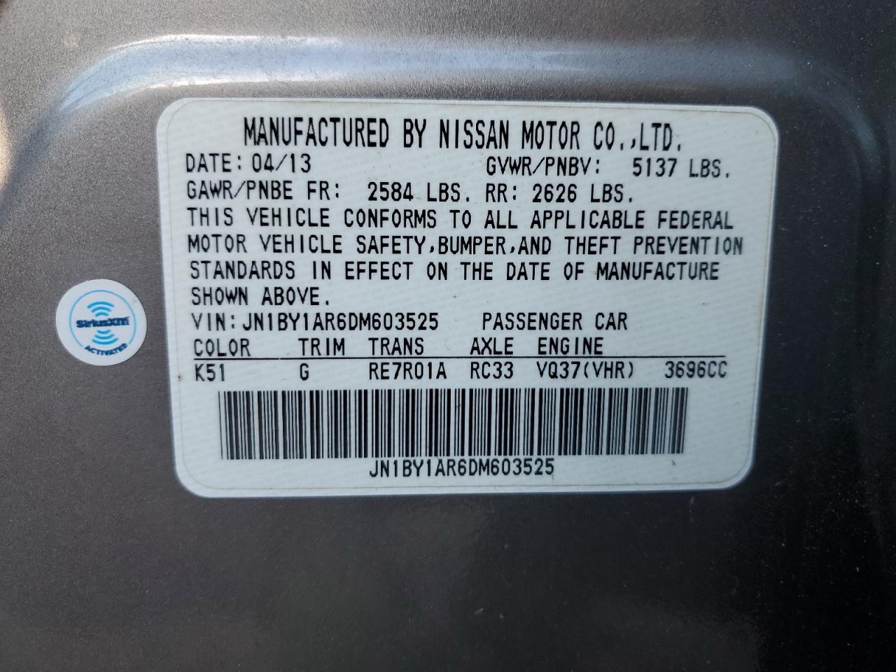 2013 Infiniti M37 X VIN: JN1BY1AR6DM603525 Lot: 89446885
