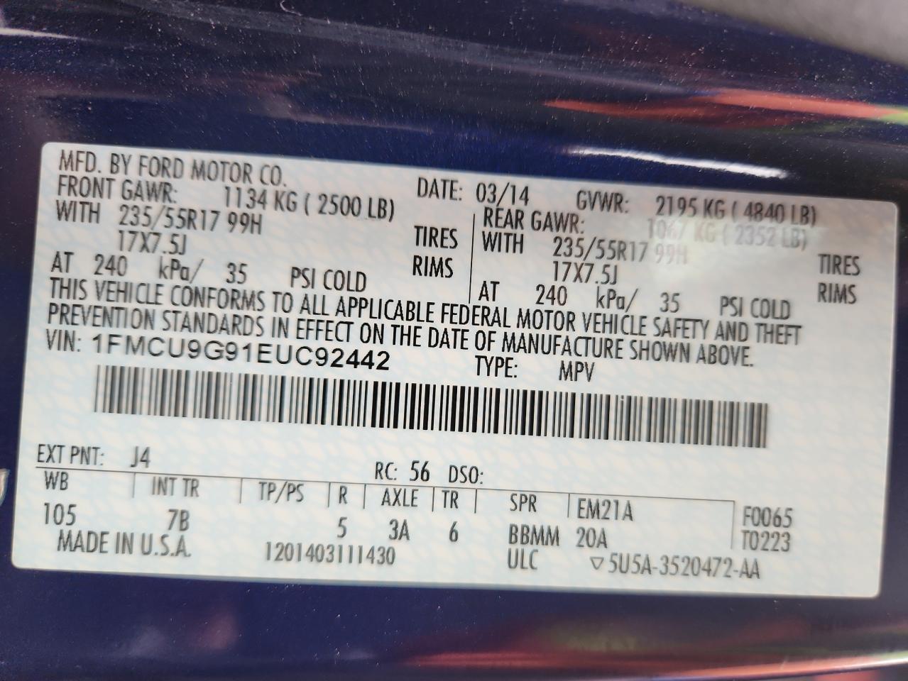 2014 Ford Escape Se VIN: 1FMCU9G91EUC92442 Lot: 86150915