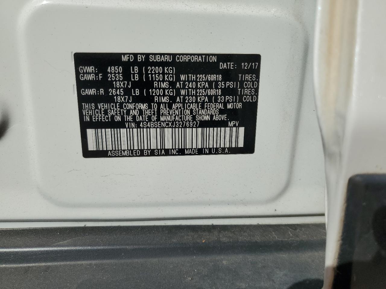 2018 Subaru Outback 3.6R Limited VIN: 4S4BSENCXJ3276927 Lot: 85347215