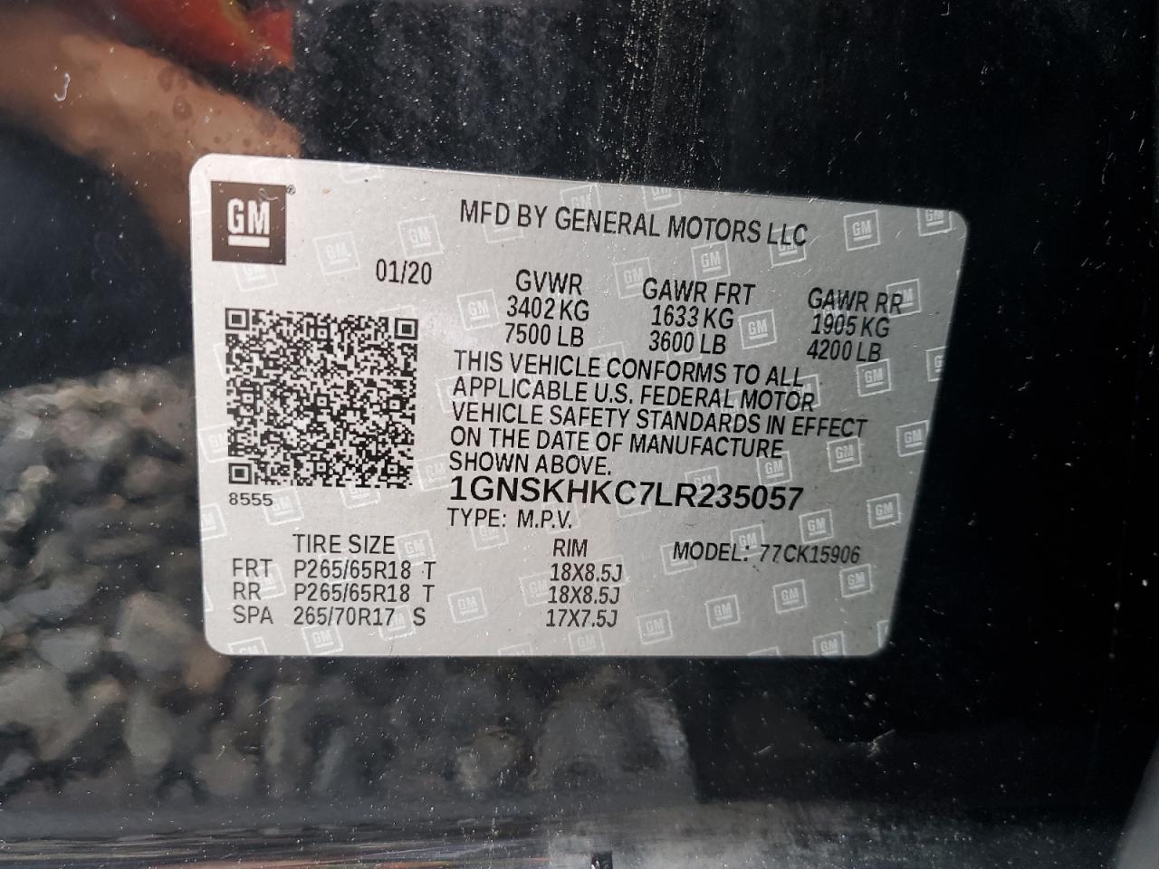 2020 Chevrolet Suburban K1500 Lt VIN: 1GNSKHKC7LR235057 Lot: 85655765